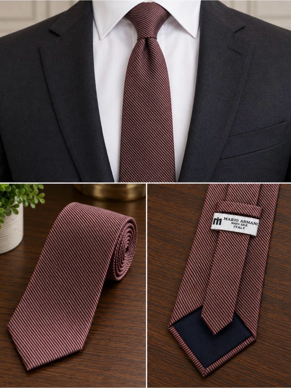 Mario Armani Italy 100% Silk Burgundy Striped Men’s Tie